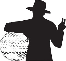 Second Passover Vector black silhouette of an ultra-Orthodox Jewish man with a hat, Hasidic. Leans on a round matzah, a huge cracker, and raises two fingers in a V shape.