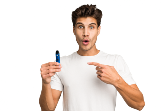 Young caucasian man holding an electronic cigarette isolated pointing to the side - Powered by Adobe