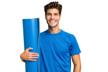 Young caucasian sport man holding a mat isolated happy, smiling and cheerful.