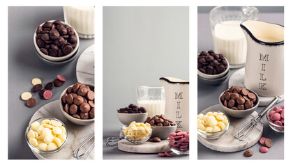 Stories templates with ingredients for cooking hot chocolate. White, milk, ruby and dark chocolate...