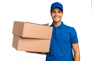 Young delivery caucasian man holding boxes isolated happy, smiling and cheerful.