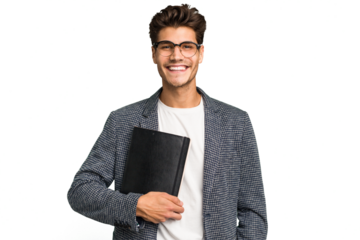 Young teacher caucasian man holding a book isolated happy, smiling and cheerful.