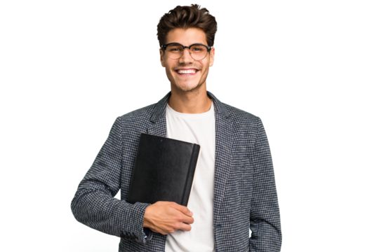 Young teacher caucasian man holding a book isolated happy, smiling and cheerful.