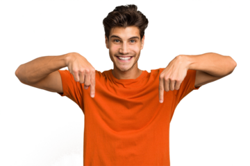 Young caucasian handsome man isolated points down with fingers, positive feeling.