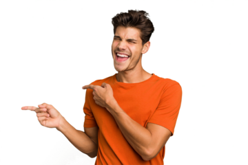 Young caucasian handsome man isolated pointing with forefingers to a copy space, expressing excitement and desire.