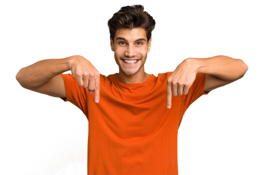 Young caucasian handsome man isolated points down with fingers, positive feeling.