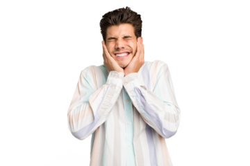 Young caucasian handsome man isolated covering ears with hands.