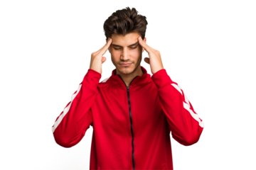 Young caucasian handsome man isolated touching temples and having headache.