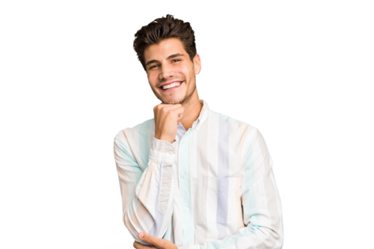 Young caucasian handsome man isolated smiling happy and confident, touching chin with hand.