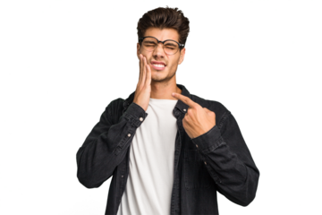 Young caucasian handsome man isolated having a strong teeth pain, molar ache.