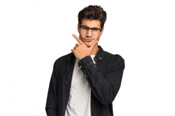 Young caucasian handsome man isolated contemplating, planning a strategy, thinking about the way of a business.