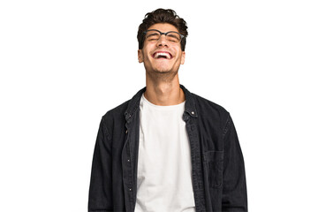 Young caucasian handsome man isolated relaxed and happy laughing, neck stretched showing teeth.