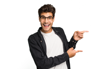 Young caucasian handsome man isolated excited pointing with forefingers away.