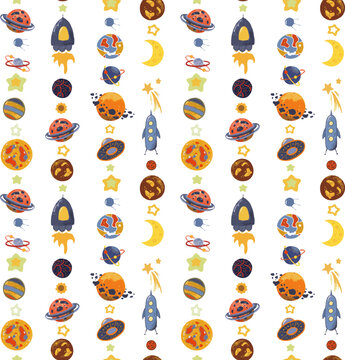 Space vector pattern. Planets, spaceships, stars on a transparent background. Bright seamless image for textiles, wrapping, baby products.