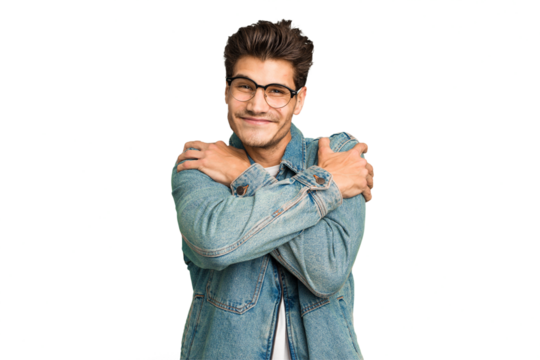 Young caucasian handsome man isolated hugs, smiling carefree and happy.