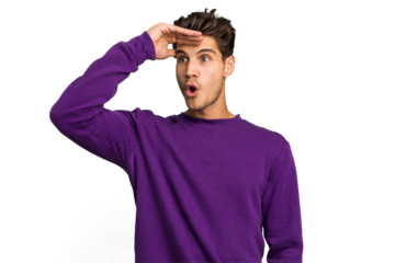 Young caucasian handsome man isolated looking far away keeping hand on forehead.