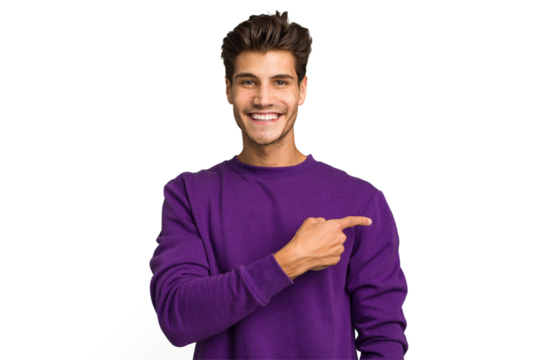 Young caucasian handsome man isolated smiling and pointing aside, showing something at blank space.