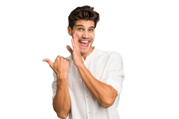 Young caucasian handsome man isolated saying a gossip, pointing to side reporting something.