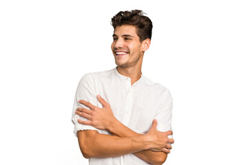 Young caucasian handsome man isolated smiling confident with crossed arms.
