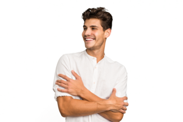 Young caucasian handsome man isolated smiling confident with crossed arms.