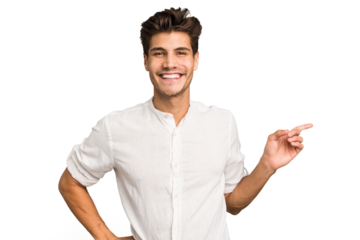 Young caucasian handsome man isolated smiling cheerfully pointing with forefinger away.