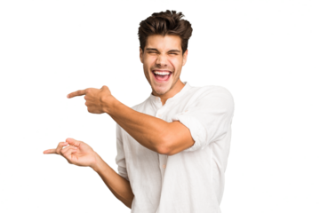 Young caucasian handsome man isolated excited pointing with forefingers away.