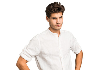 Young caucasian handsome man isolated frowning face in displeasure, keeps arms folded.