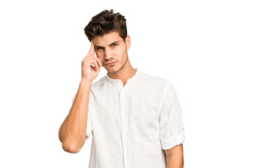 Young caucasian handsome man isolated pointing temple with finger, thinking, focused on a task.