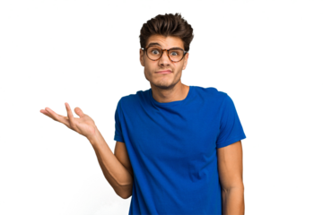 Young caucasian handsome man isolated doubting and shrugging shoulders in questioning gesture.