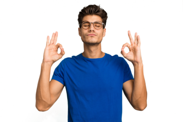 Young caucasian handsome man isolated relaxes after hard working day, she is performing yoga.