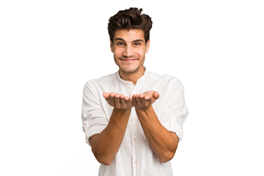 Young caucasian handsome man isolated holding something with palms, offering to camera.