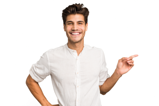 Young caucasian handsome man isolated smiling cheerfully pointing with forefinger away.