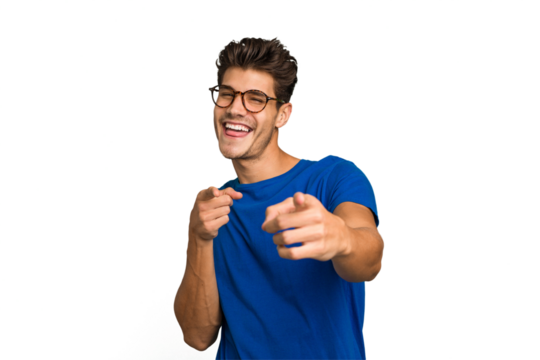 Young caucasian handsome man isolated cheerful smiles pointing to front.