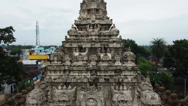 Aerial view of Kailasanathar temple in Kanchipuram, Tamil Nadu. Outer view of the Temple tower with beautiful God, and animal sculptures which are carved and sculpted mostly out of sandstone.
