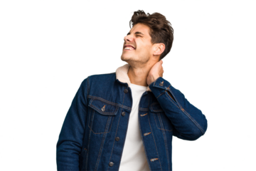 Young caucasian handsome man isolated suffering neck pain due to sedentary lifestyle.