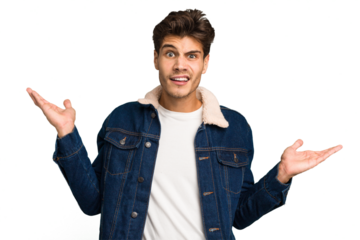 Young caucasian handsome man isolated confused and doubtful shrugging shoulders to hold a copy space.