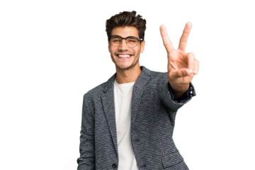 Young caucasian handsome man isolated joyful and carefree showing a peace symbol with fingers.
