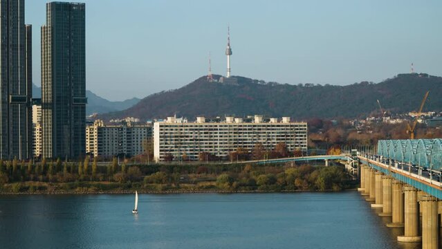 Zooming from N Seoul Tower to Dongjak Bridge Over Han River in Autumn, South Korea - Slow  Revealing Zoom Out Scenic Landscape