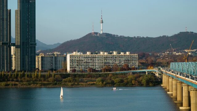 Aerial Zoom In on N Seoul Tower from Dongjak Bridge Over Han River