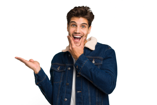 Young caucasian handsome man isolated holds copy space on a palm, keep hand over cheek. Amazed and delighted.