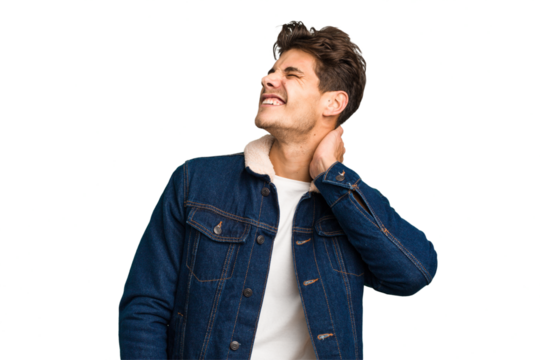 Young caucasian handsome man isolated suffering neck pain due to sedentary lifestyle.