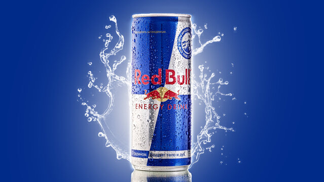 Can of Red Bull Energy Drink with water drops