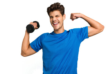 Young sport caucasian man training with weights isolated