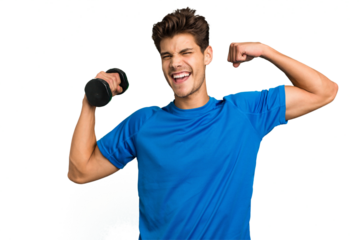 Young sport caucasian man training with weights isolated