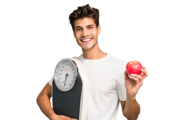 Young caucasian man holding a scale and an apple isolated