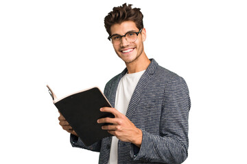 Young teacher caucasian man holding a book isolated