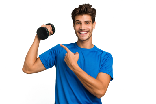 Young sport caucasian man training with weights isolated
