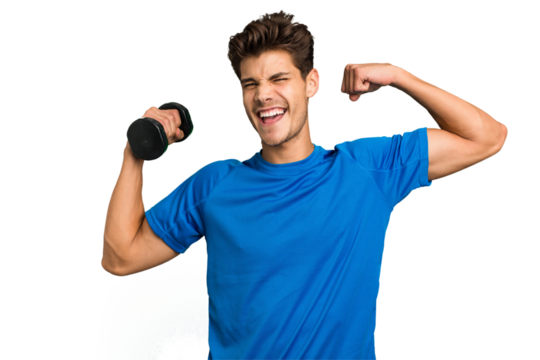 Young sport caucasian man training with weights isolated