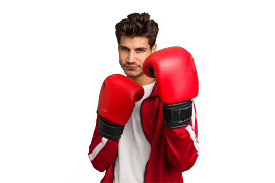 Young caucasian man practicing boxeo isolated