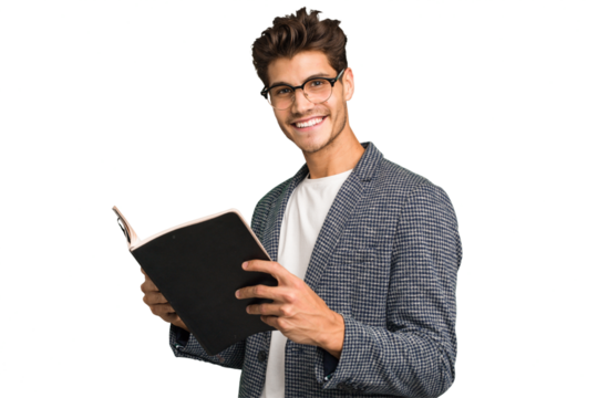 Young teacher caucasian man holding a book isolated